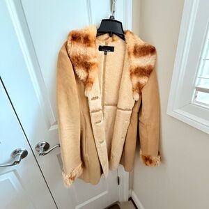 Jones New York Camel Teddy Jacket with Faux Fur Trim